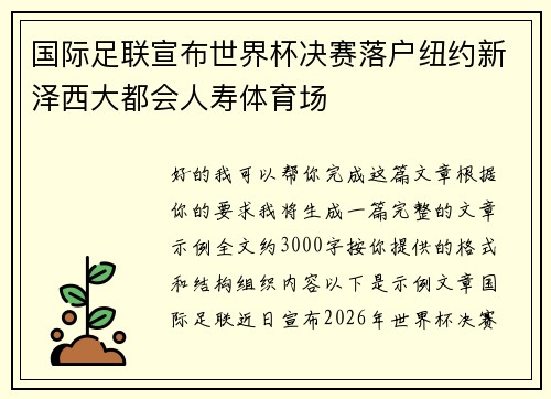 国际足联宣布世界杯决赛落户纽约新泽西大都会人寿体育场